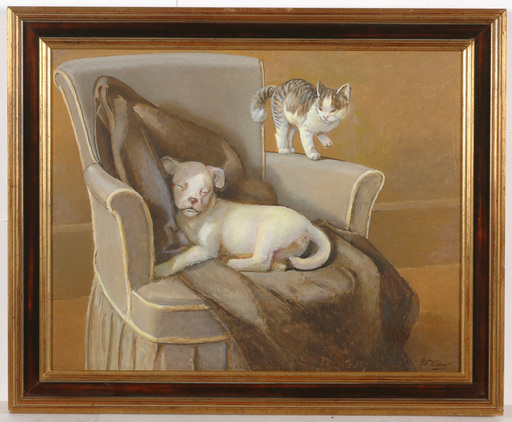 George Frederik KABER - Painting - "Puppy and kitten", oil painting, late 1930s