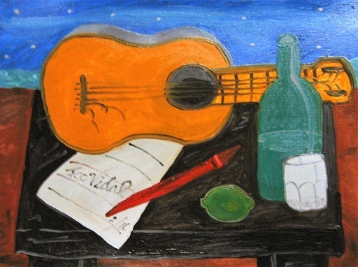 Francisco VIDAL - Peinture - Yellow Guitar and Black Table
