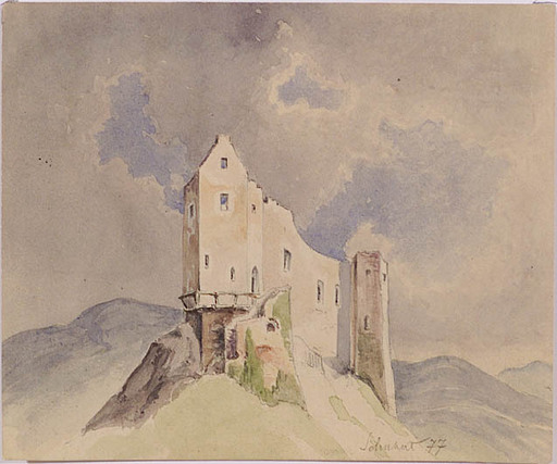 Heinrich Carl SCHUBERT - Drawing-Watercolor - "Alpine Castle Ruins"