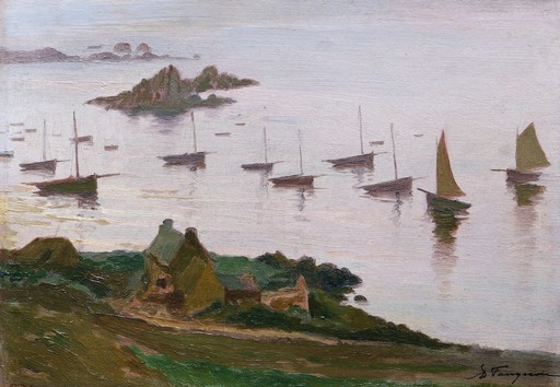 Adolphe FAUGERON - Peinture - Bateaux au mouillage à l'Île Verte, Locquirec