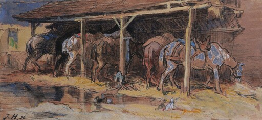 Jules HEREAU - Drawing-Watercolor - Chevaux à l'écurie