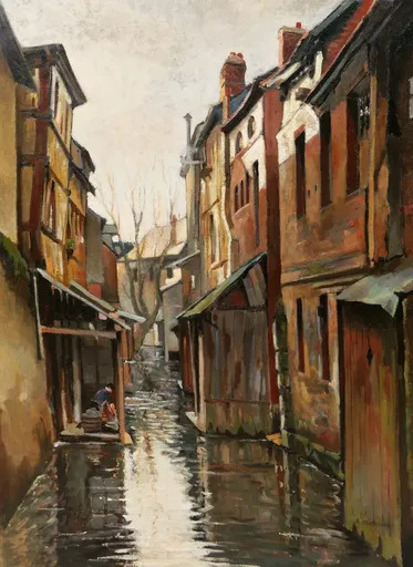 Henry DANNET - Peinture - Lavandière sur la Risle à Pont-Audemer