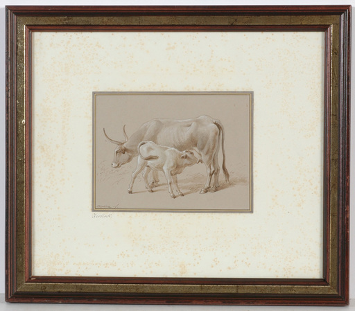 Abraham TEERLINK - Drawing-Watercolor - "Cow with calf", drawing, early 19th century