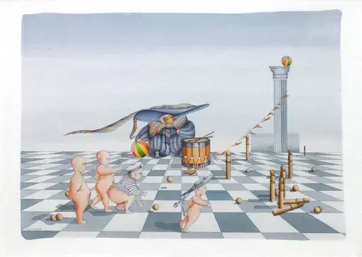 Jean-Paul GRIFFOULIERE - Dibujo Acuarela - Le jeu de quilles