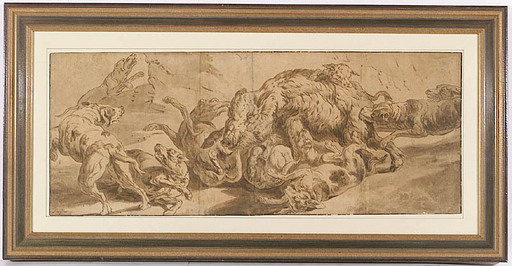 Drawing-Watercolor - "Wild Boar Attacked by Dogs", 17th Century