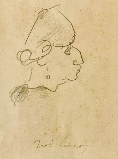 Jean LAUNOIS - Disegno Acquarello - Visage de profil et personnage assis