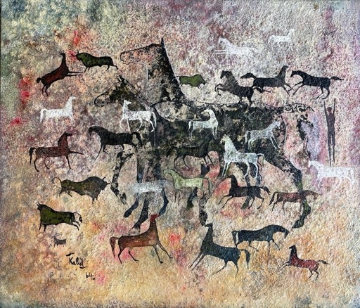 Khaled RAHHAL - Painting - Scena fantastica animata da cavalli, tori e figure umane