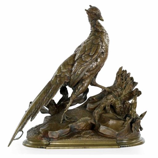 Jules MOIGNIEZ - Escultura - Cock Pheasant frightened by a Stoat