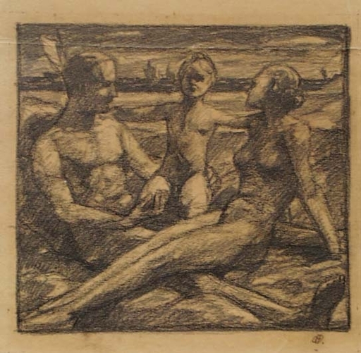 Otto HETTNER - Dibujo Acuarela - "Young Family" by Otto Hettner, 1930's