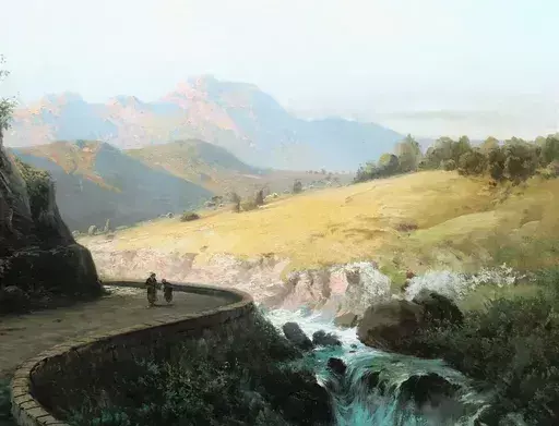 Alfred GODCHAUX - Peinture - Paysage des Pyrénées avec deux personnages sur un chemin