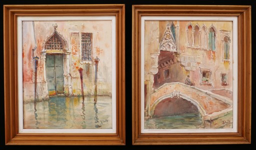 Pierre VINIT - 水彩作品 - Deux vues de palais à Venise