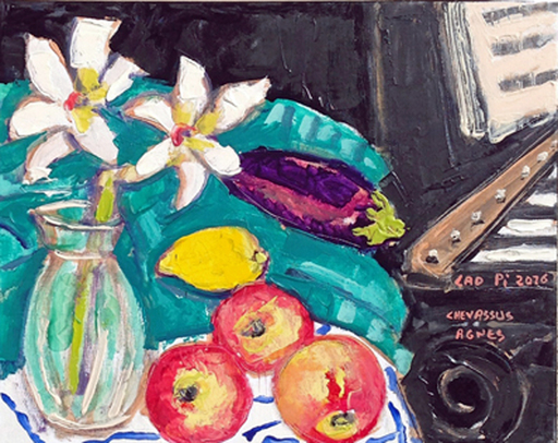 Jean-Pierre CHEVASSUS-AGNES - Gemälde - Lys blanc et fruits devant le piano noir