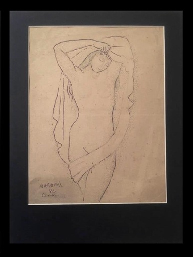 Marie Vorobieff MAREVNA - 水彩作品 - Pointillist style portrait of a nude Lady