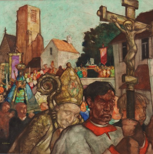 Raymond DIERICKX - Drawing-Watercolor - "PROCESSION/ENTREE DU CHRIST"