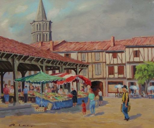 André LAC - Painting - Marché à Saint Felix de Lauragais