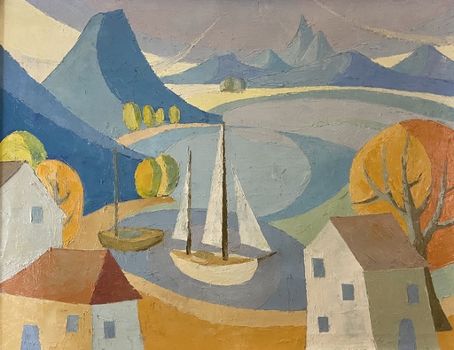 Josef LIPENSKY - Painting - Herbstliche Landschaft mit Segelboot
