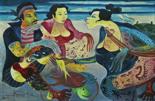 亨德拉·古拿温 - 绘画 - Jackfruit Vendor Bidding Fish to the Seller, by Hendra Gunaw