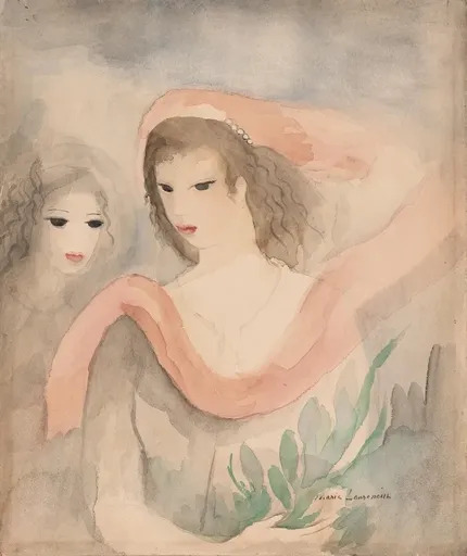 Marie LAURENCIN - Zeichnung Aquarell - Deux Tetes de Femmes 