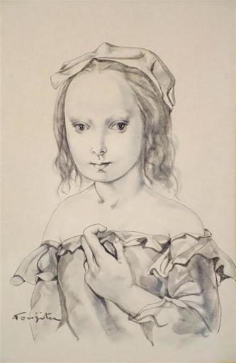 Tsuguharu FOUJITA - Zeichnung Aquarell - Portrait de jeune fille