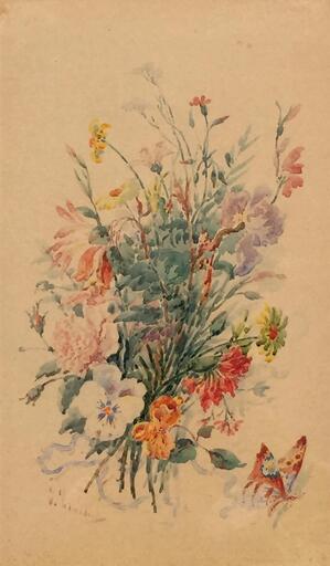 Domenico TRACHEL - Disegno Acquarello - fleurs et papillon