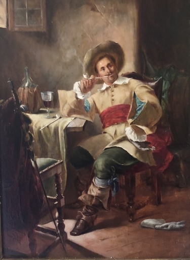 August Hermann KNOOP - Gemälde - Soldat mit Pfeife und Wein