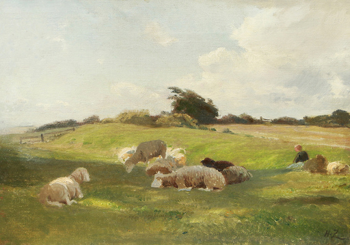 Henri ZUBER - Painting - Bergère et ses moutons