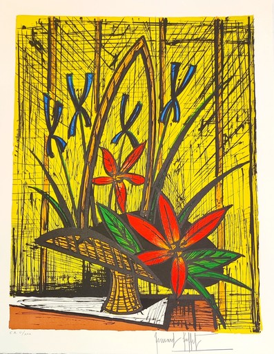 贝纳•毕费 - 版画 - Bouquet aux Iris et fleurs rouges 