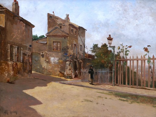 Jean D'ALHEIM - Pintura - Femme à l'ombrelle cheminant à Montmartre