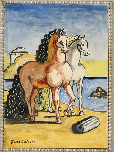 Giorgio DE CHIRICO - Drawing-Watercolor - CAVALLI SULLA SPIAGGIA GRECA