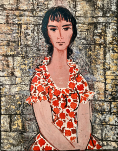 Ismaël DE LA SERNA - Peinture - Mujer con vestido de flores rojas 
