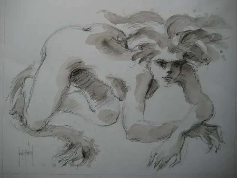 Dessin Crayon Aquarelle Sur Papier Signé Handsigned Drawing