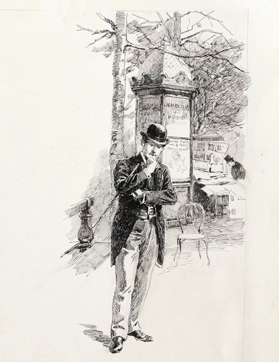 Alcide Théophile ROBAUDI - 水彩作品 - Homme songeur devant une colonne Morris à Paris