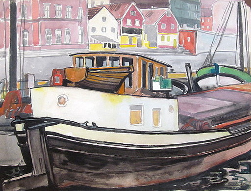 Paul MECHLEN - Drawing-Watercolor - Schiff im Hafen vor Häuserzeile. 