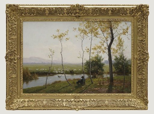 Victor PUHONNY - Peinture - pêcheur au bord de la rivière (Baden Baden)