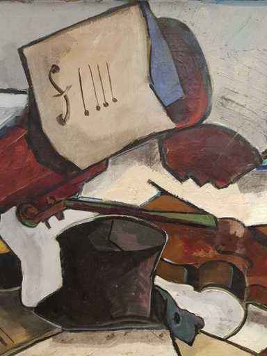 Lucien ANDRIEU - Pittura - Nature morte cubiste aux instruments de musique