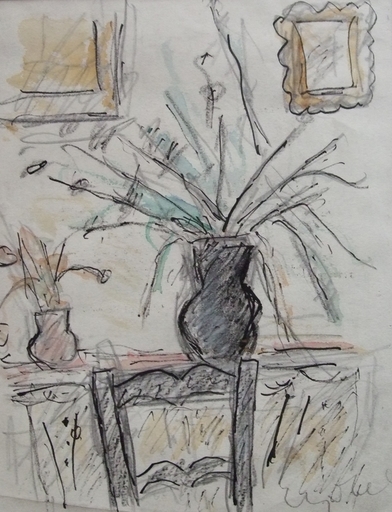 Bela Adalbert CZOBEL - Drawing-Watercolor - Flowers in an Interior