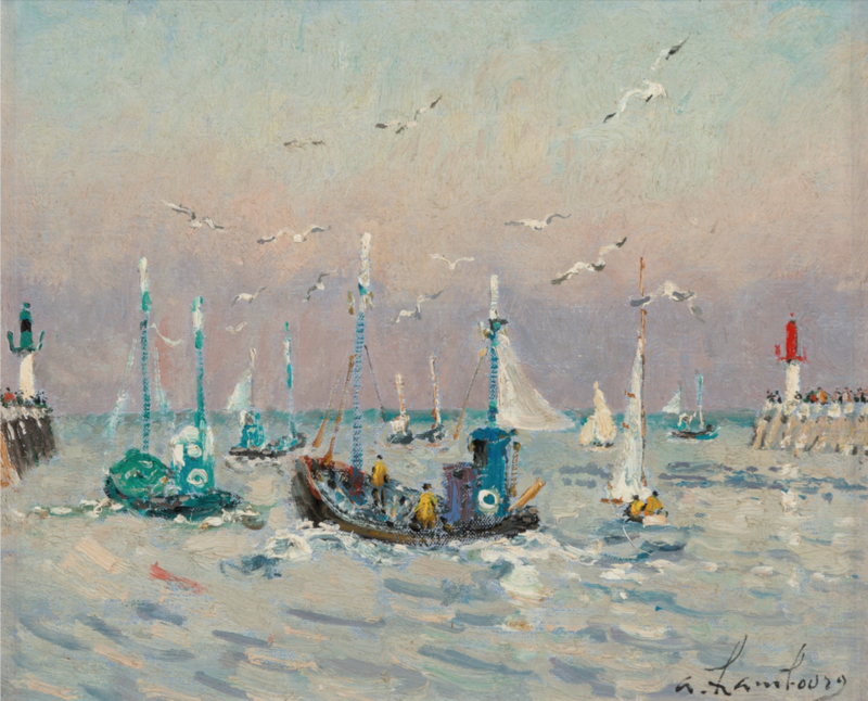 André HAMBOURG - Pintura - Les mouettes sur les barques