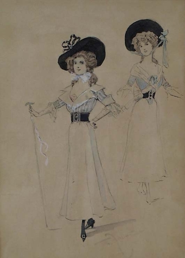 Theodor ZASCHE - Dessin-Aquarelle - "Two Models" by Theodor Zasche (1862-1922), ca 1900 