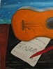 Francisco VIDAL - Pintura - Yellow Guitar and Black Table