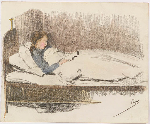 Emil PAP - 水彩作品 - "Reading in Bed", Drawing, ca 1920 