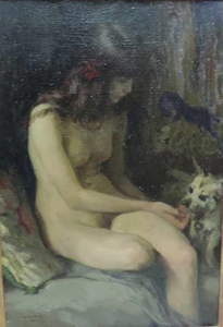 Paul Friedr. Wilhelm BALMER - Peinture -  sitzender Mädchenakt mit Hund, Girl nude
