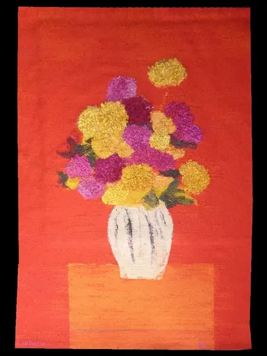 Bernard CATHELIN - Tapestry - Rose d'Inde et zinnia au vase hongrois sur fond rouge