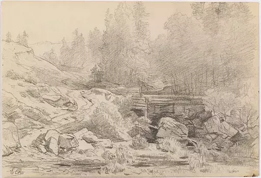 Eduard CHARLEMONT - Disegno Acquarello - "Wooden Bridge", late 19th Century
