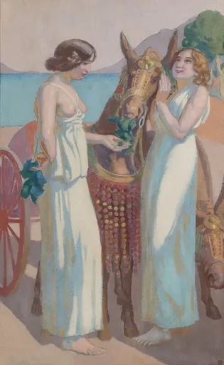 Maurice DENIS - Painting - Jeux de Nausicaa : deux femmes près d'une mule harnachée