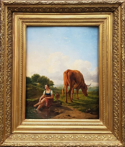 Eugène VERBOECKHOVEN - Painting - La jeune fille et le taureau 