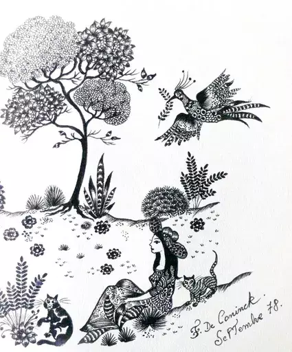 Frans DE CONINCK - Drawing-Watercolor - La femme aux chats