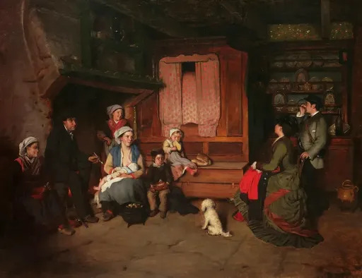 Charles Auguste CORBINEAU - Painting - Famille de Bretons et couple de bourgeois dans un intérieur