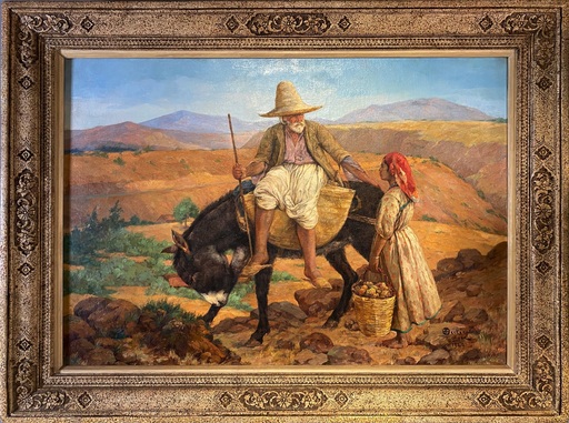 Émile DECKERS - Pintura - Jeune fille et un homme sur son âne