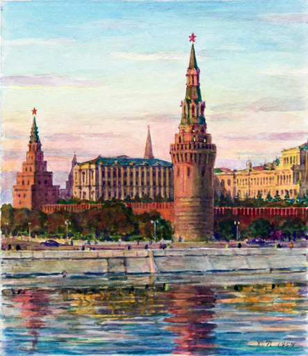 Boris Fedorovich RYBCHENKOV - Dessin-Aquarelle - Summer Evening near the Kremlin