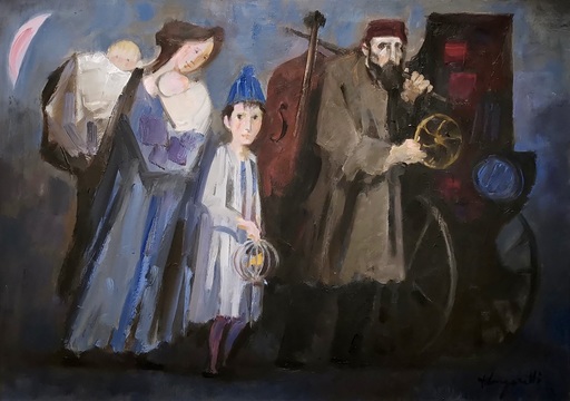 Trento LONGARETTI - Peinture - Famiglia in blu con organetto